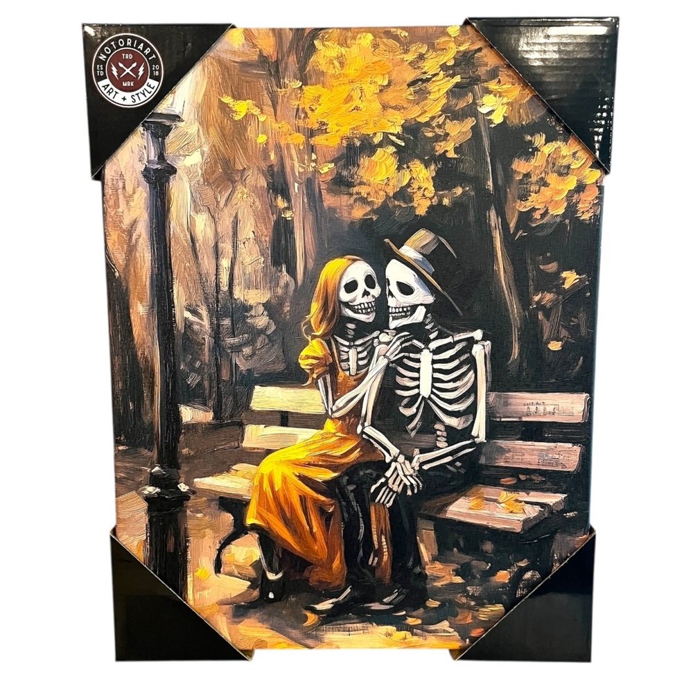 Halloween Fall Skeleton Couple Park Date Night Whimsical Canvas Wrapped Art NWT